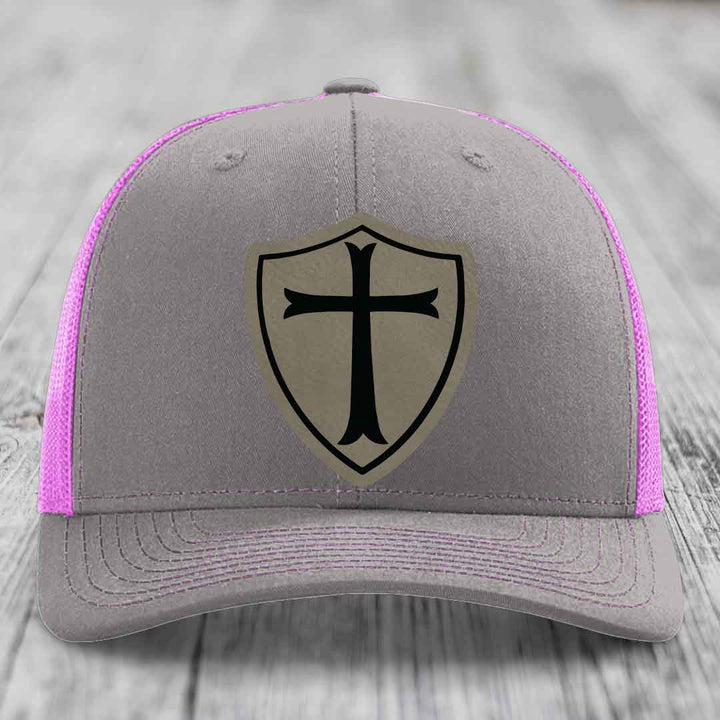 Knights Templar - Leather Patch Hat - Light Brown to Black Patch - Richardson 112 Snapback Trucker Hat