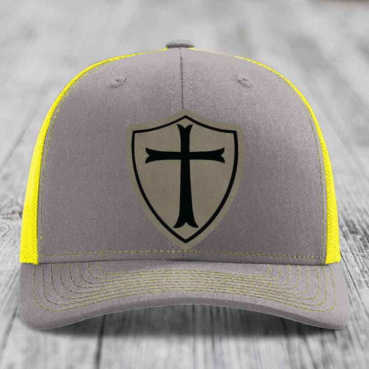 Knights Templar - Leather Patch Hat - Light Brown to Black Patch - Richardson 112 Snapback Trucker Hat