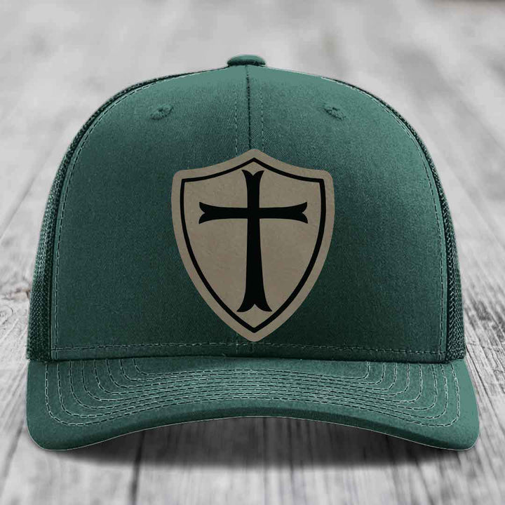 Knights Templar - Leather Patch Hat - Light Brown to Black Patch - Richardson 112 Snapback Trucker Hat