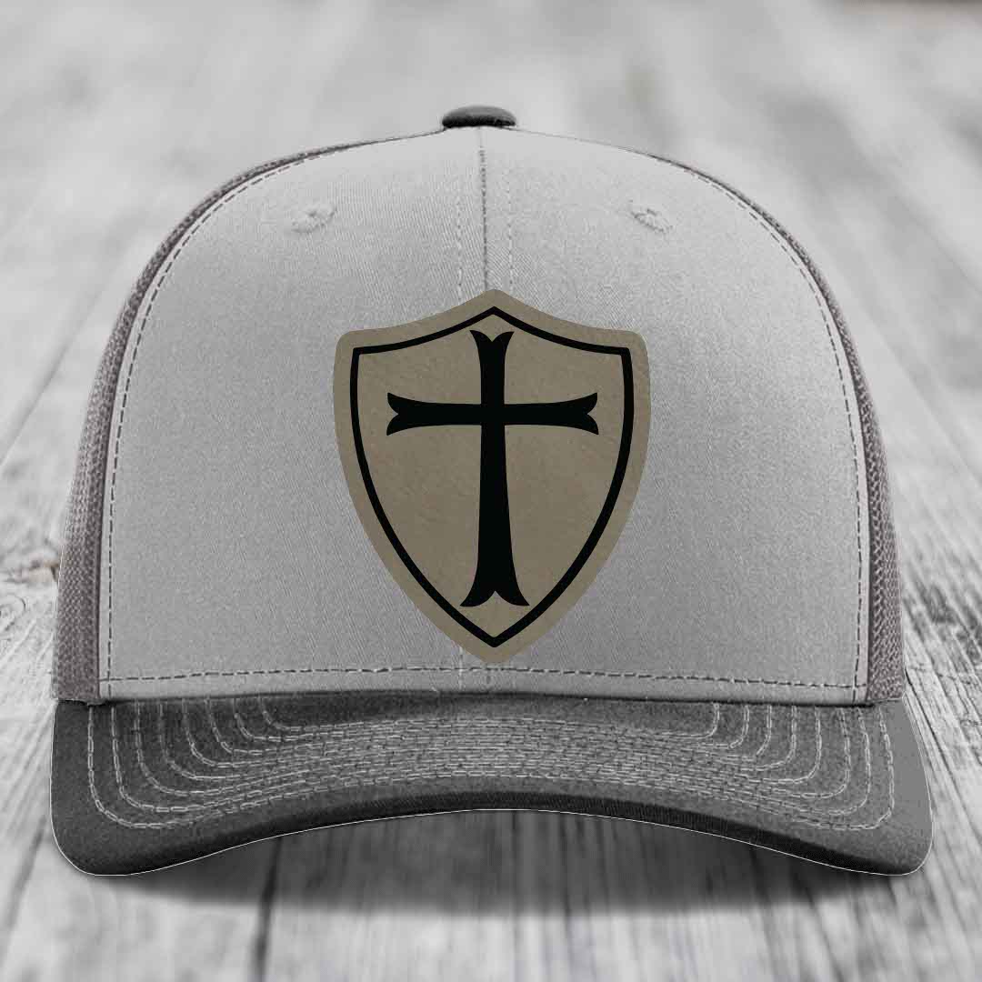 Knights Templar - Leather Patch Hat - Light Brown to Black Patch - Richardson 112 Snapback Trucker Hat