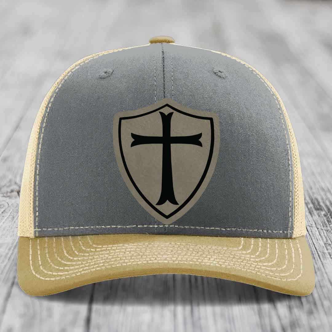 Knights Templar - Leather Patch Hat - Light Brown to Black Patch - Richardson 112 Snapback Trucker Hat