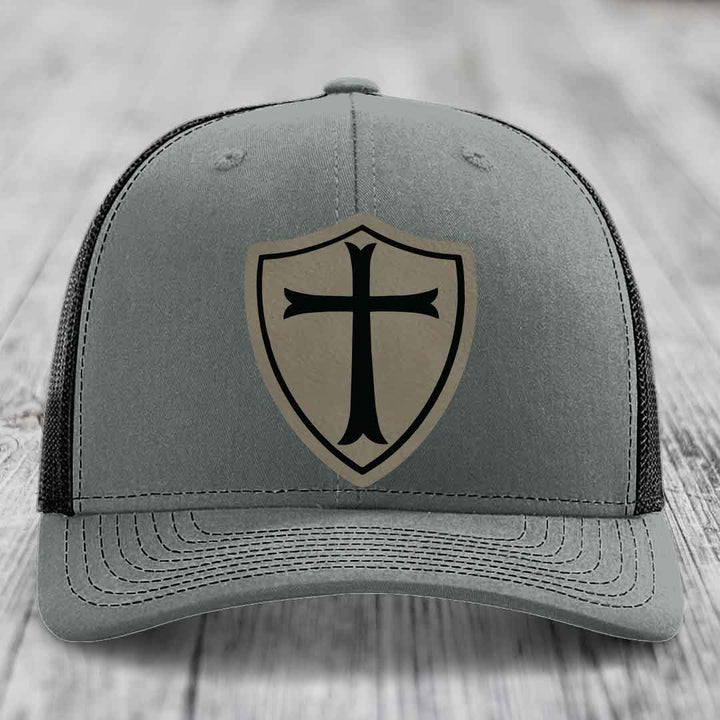 Knights Templar - Leather Patch Hat - Light Brown to Black Patch - Richardson 112 Snapback Trucker Hat