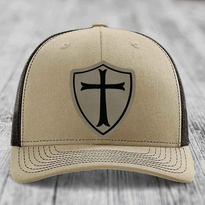 Knights Templar - Leather Patch Hat - Light Brown to Black Patch - Richardson 112 Snapback Trucker Hat