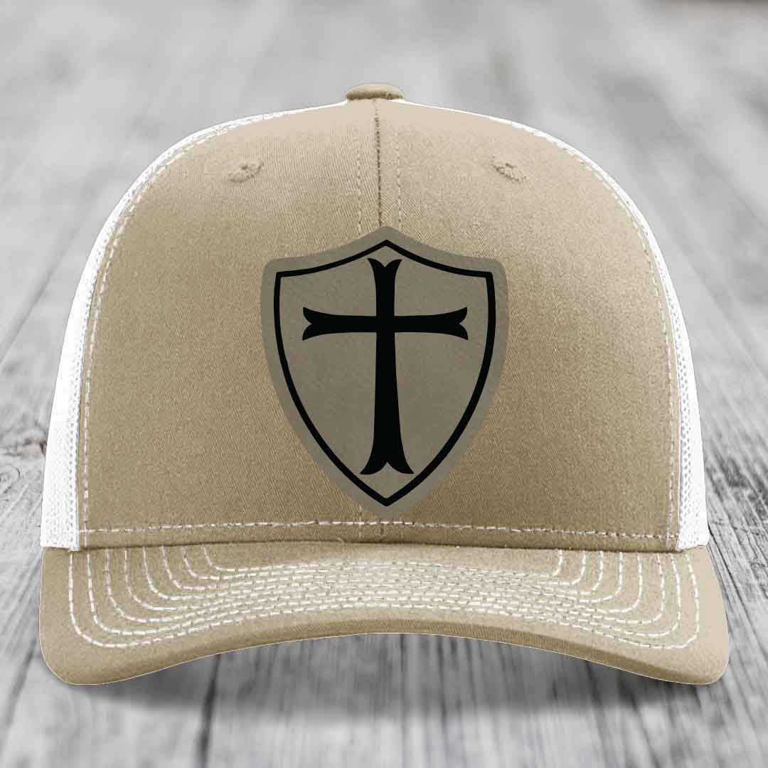 Knights Templar - Leather Patch Hat - Light Brown to Black Patch - Richardson 112 Snapback Trucker Hat