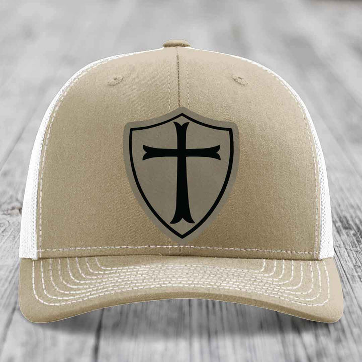 Knights Templar - Leather Patch Hat - Light Brown to Black Patch - Richardson 112 Snapback Trucker Hat