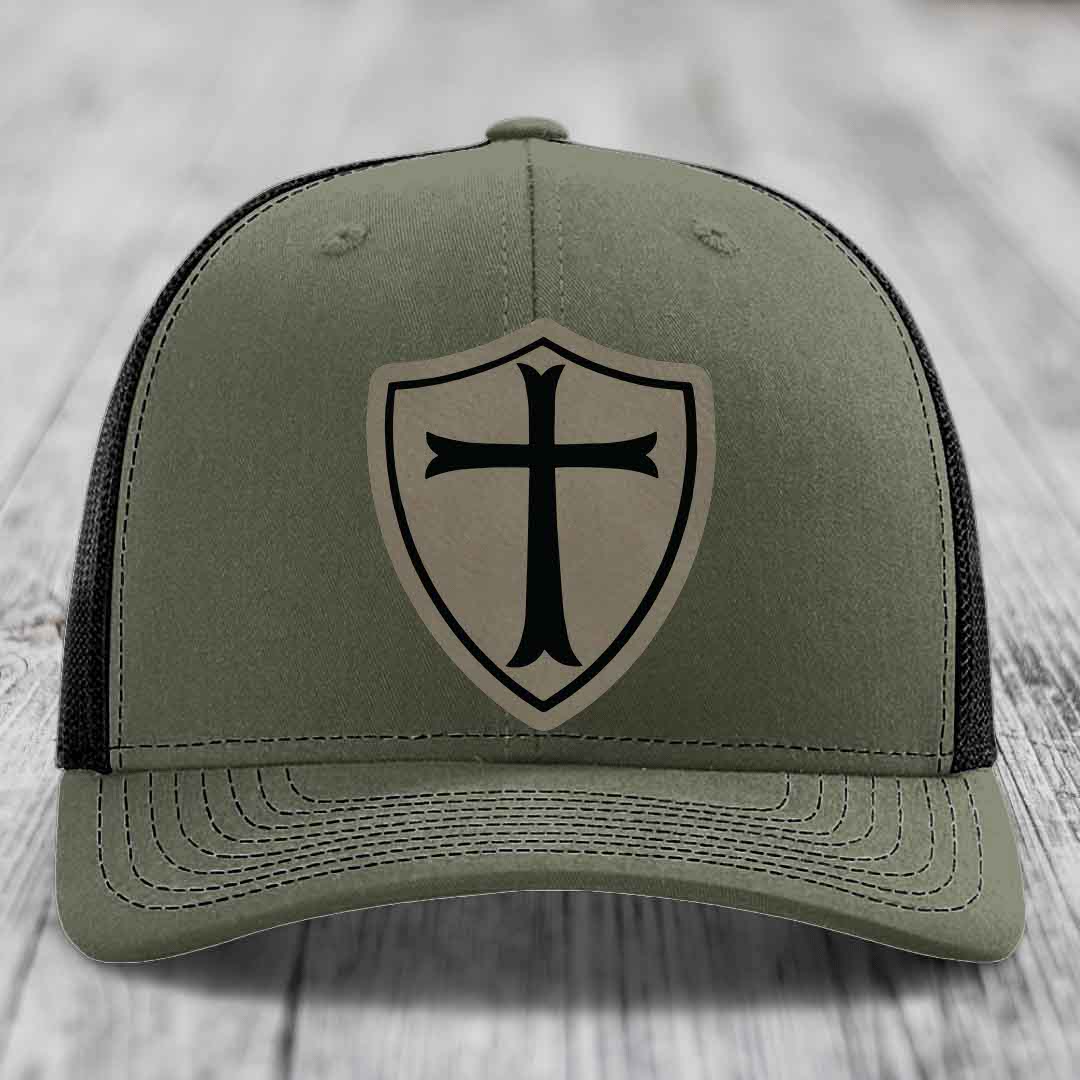 Knights Templar - Leather Patch Hat - Light Brown to Black Patch - Richardson 112 Snapback Trucker Hat