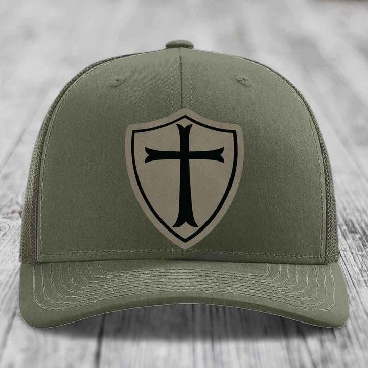 Knights Templar - Leather Patch Hat - Light Brown to Black Patch - Richardson 112 Snapback Trucker Hat