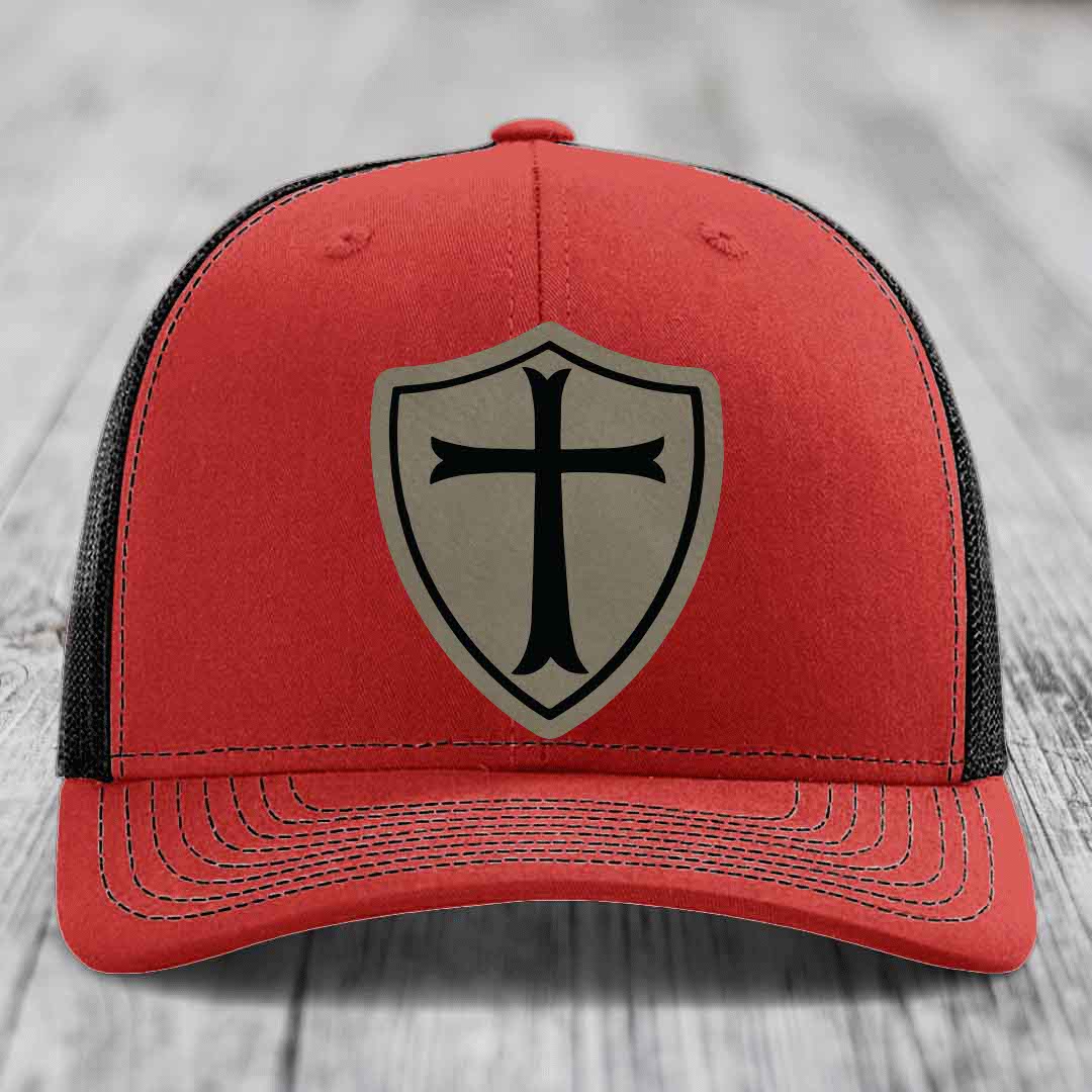 Knights Templar - Leather Patch Hat - Light Brown to Black Patch - Richardson 112 Snapback Trucker Hat