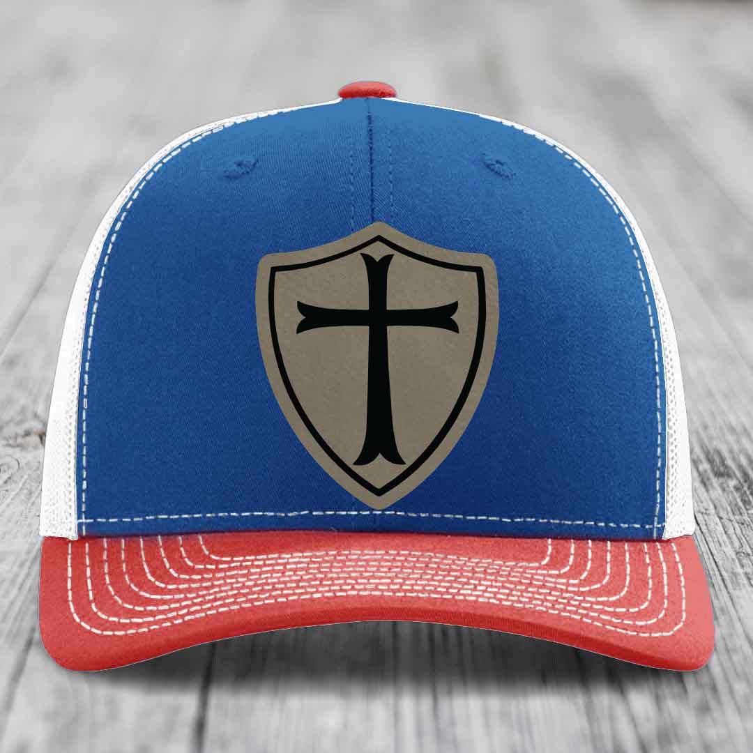 Knights Templar - Leather Patch Hat - Light Brown to Black Patch - Richardson 112 Snapback Trucker Hat
