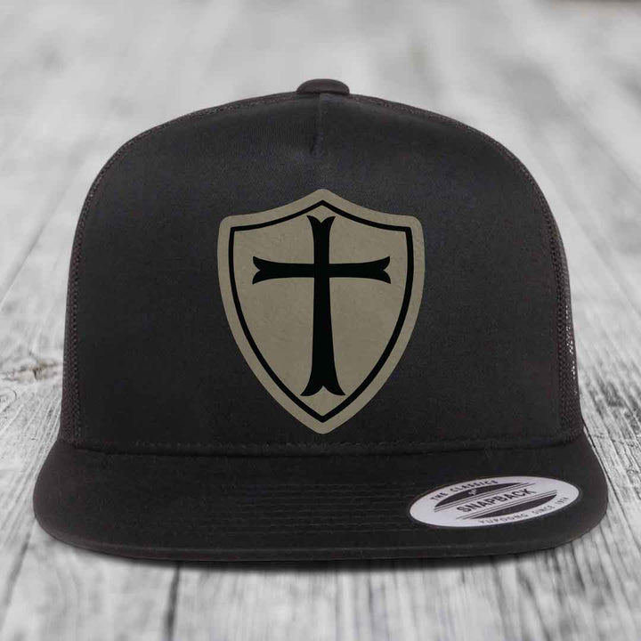 Knights Templar - Leather Patch Hat - Light Brown to Black Patch - Yupoong 6006 Snapback Flatbill Hat