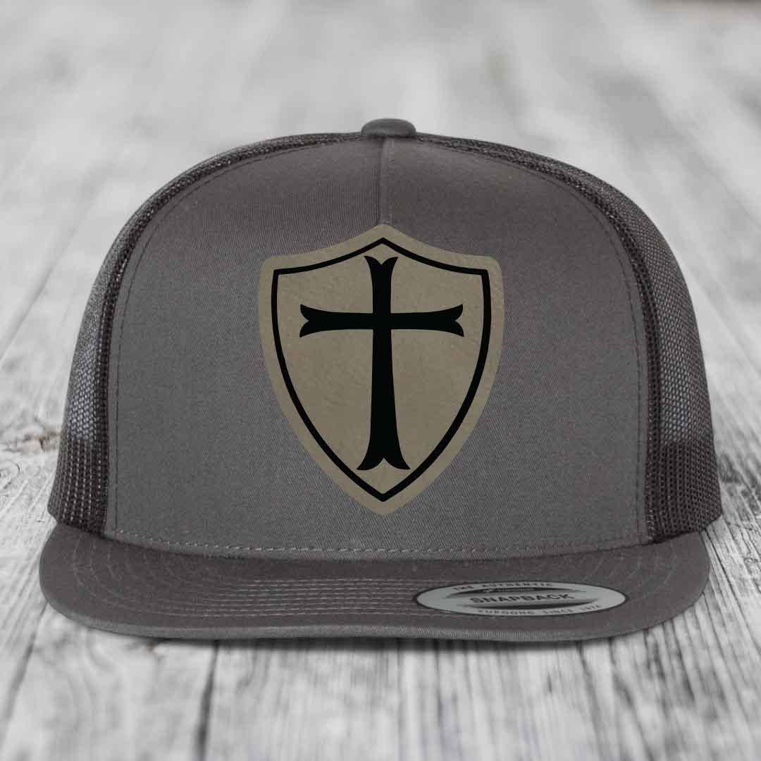 Knights Templar - Leather Patch Hat - Light Brown to Black Patch - Yupoong 6006 Snapback Flatbill Hat