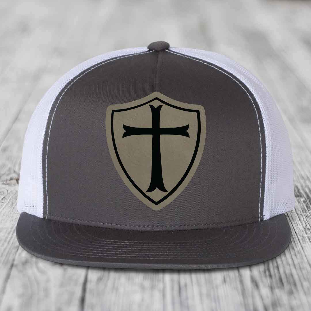 Knights Templar - Leather Patch Hat - Light Brown to Black Patch - Yupoong 6006 Snapback Flatbill Hat