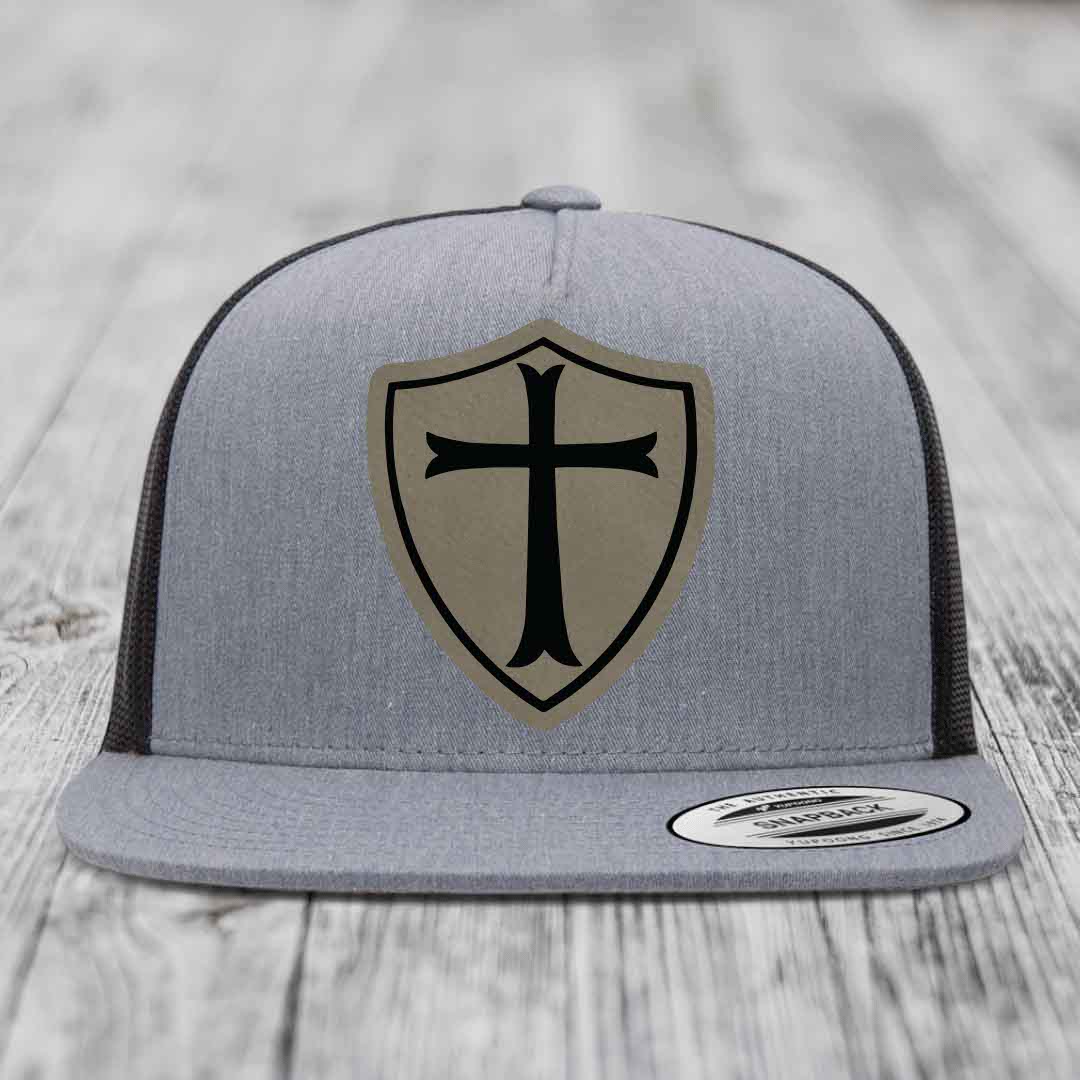 Knights Templar - Leather Patch Hat - Light Brown to Black Patch - Yupoong 6006 Snapback Flatbill Hat