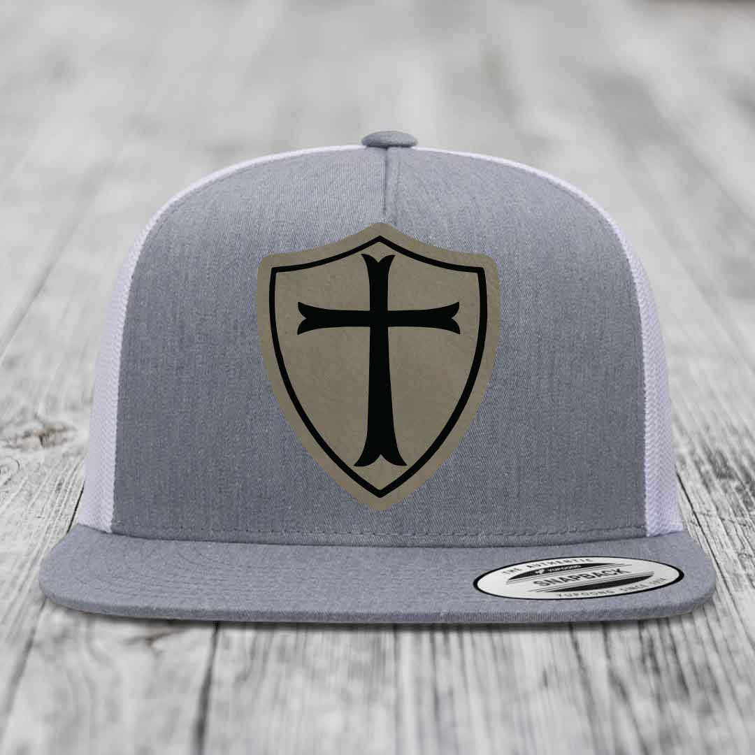 Knights Templar - Leather Patch Hat - Light Brown to Black Patch - Yupoong 6006 Snapback Flatbill Hat
