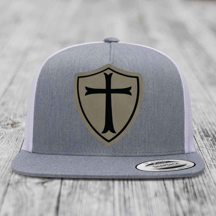 Knights Templar - Leather Patch Hat - Light Brown to Black Patch - Yupoong 6006 Snapback Flatbill Hat
