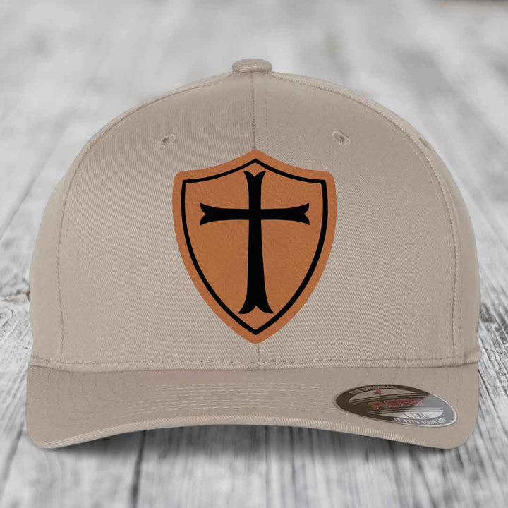 Knights Templar - Leather Patch Hat - Rawhide to Black Patch - Flexfit 6277 Fitted Hat