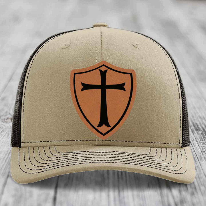 Knights Templar - Leather Patch Hat - Rawhide to Black Patch - Richardson 112 Snapback Trucker Hat