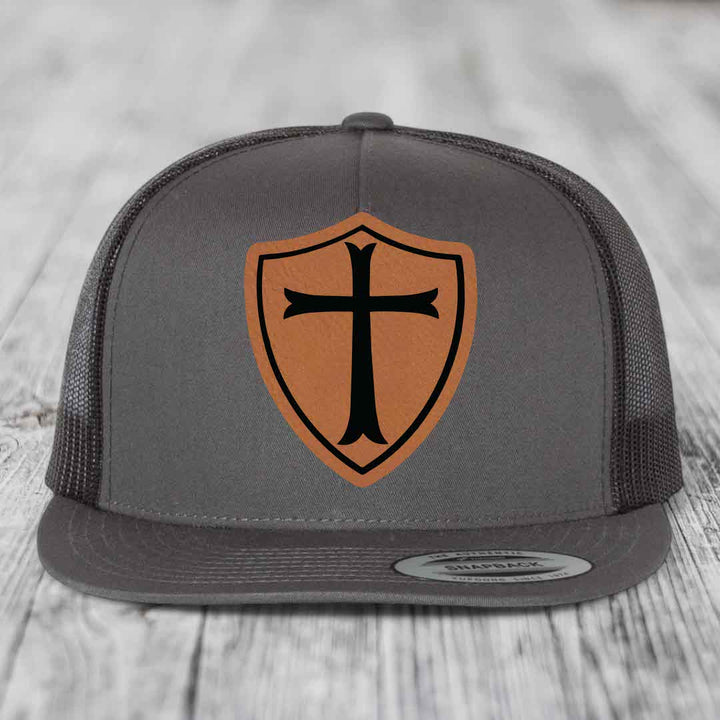 Knights Templar - Leather Patch Hat - Rawhide to Black Patch - Yupoong 6006 Snapback Flatbill Hat