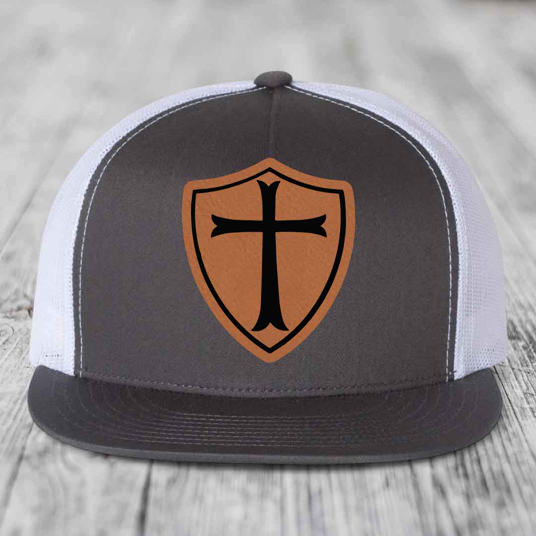 Knights Templar - Leather Patch Hat - Rawhide to Black Patch - Yupoong 6006 Snapback Flatbill Hat