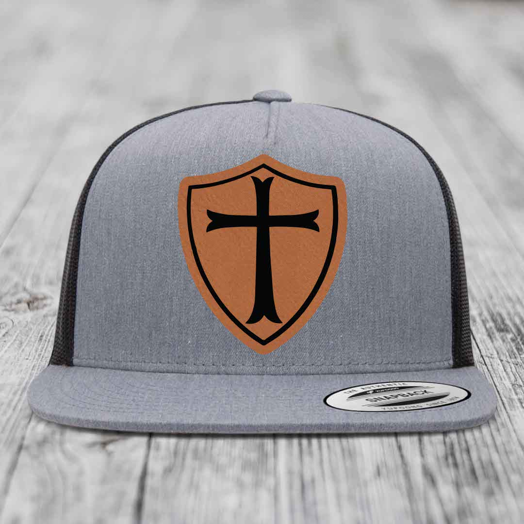 Knights Templar - Leather Patch Hat - Rawhide to Black Patch - Yupoong 6006 Snapback Flatbill Hat