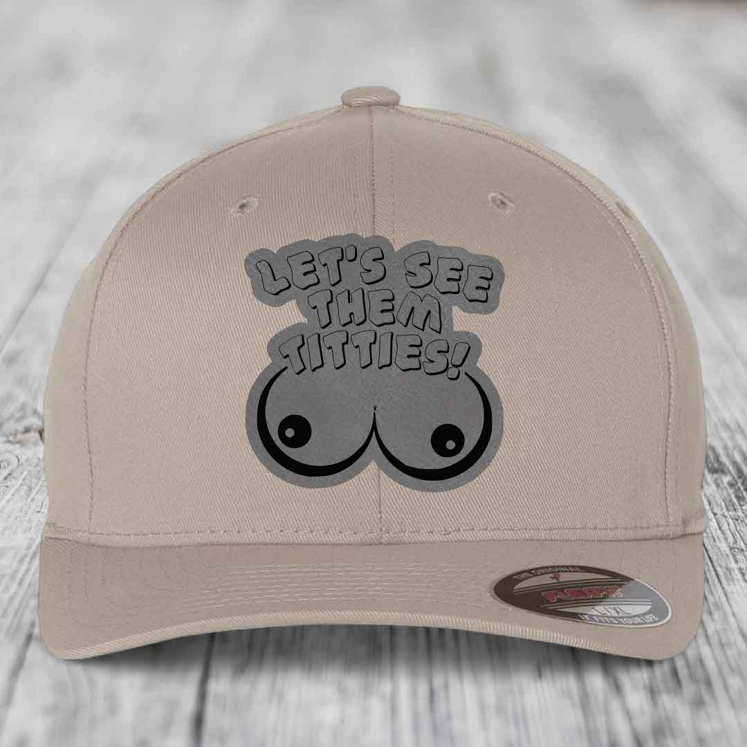 Lets See Them Titties - Leather Patch Hat - Grey to Black Patch - Flexfit 6277 Fitted Hat