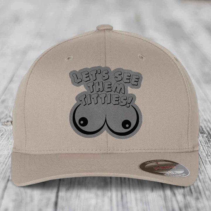 Lets See Them Titties - Leather Patch Hat - Grey to Black Patch - Flexfit 6277 Fitted Hat