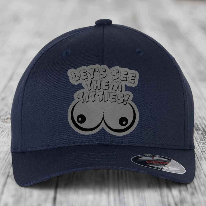 Lets See Them Titties - Leather Patch Hat - Grey to Black Patch - Flexfit 6277 Fitted Hat