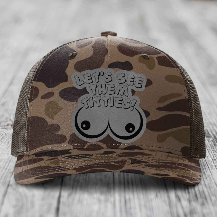 Lets See Them Titties - Leather Patch Hat - Grey to Black Patch - Richardson 112PFP Snapback Trucker Hat