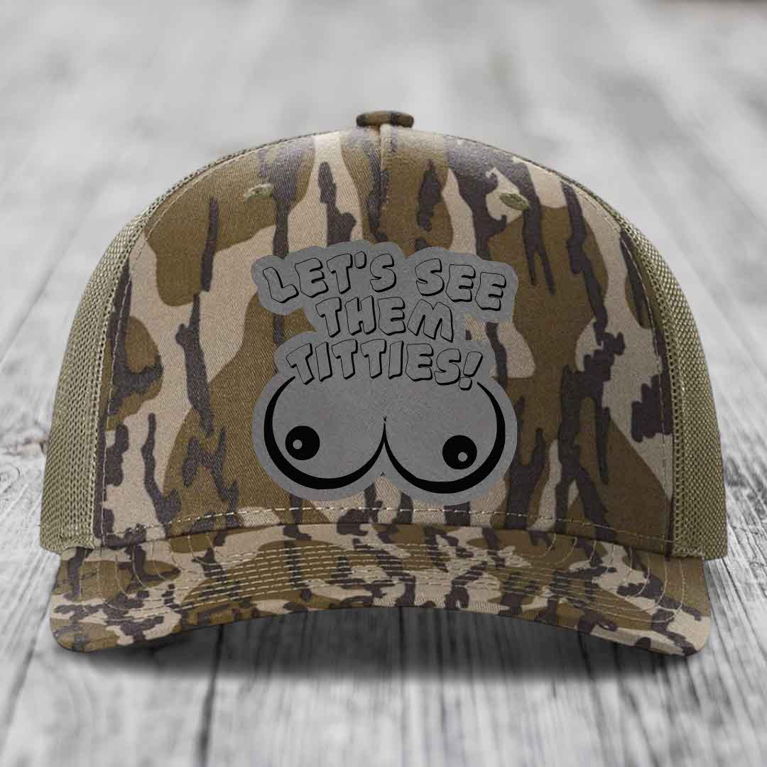 Lets See Them Titties - Leather Patch Hat - Grey to Black Patch - Richardson 112PFP Snapback Trucker Hat
