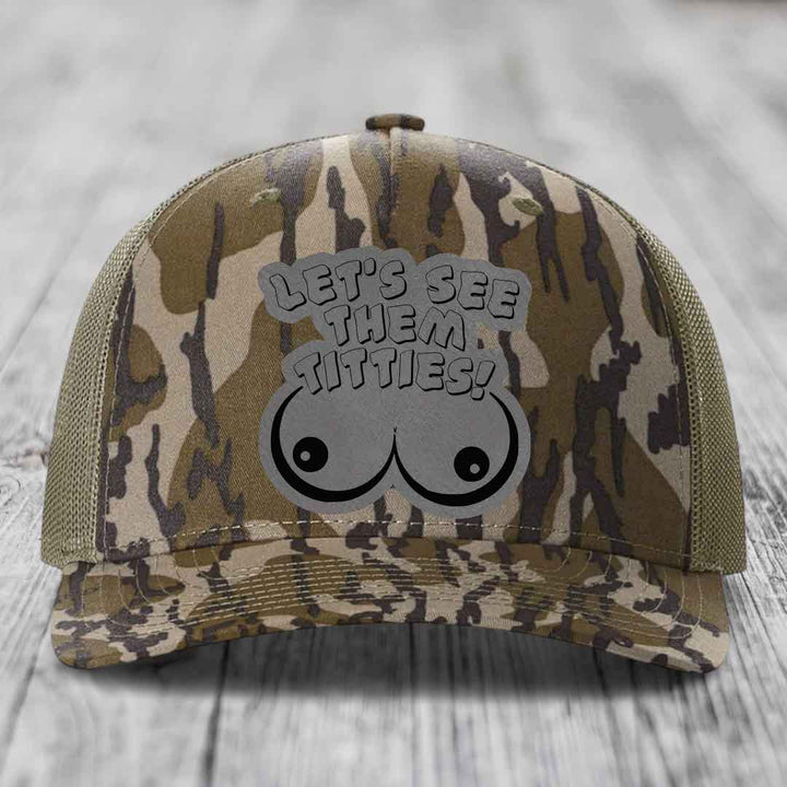 Lets See Them Titties - Leather Patch Hat - Grey to Black Patch - Richardson 112PFP Snapback Trucker Hat