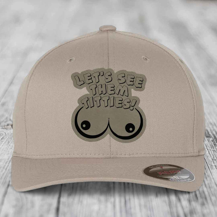 Lets See Them Titties - Leather Patch Hat - Light Brown to Black Patch - Flexfit 6277 Fitted Hat