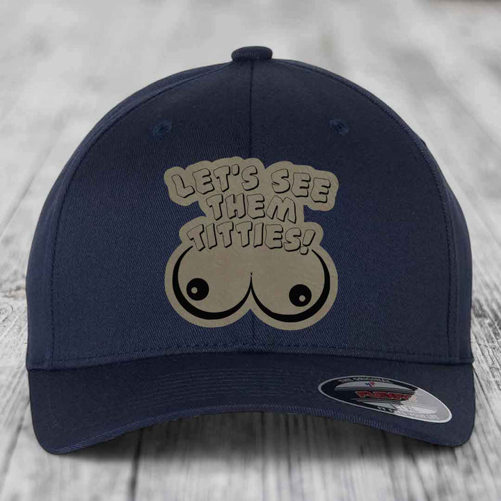 Lets See Them Titties - Leather Patch Hat - Light Brown to Black Patch - Flexfit 6277 Fitted Hat