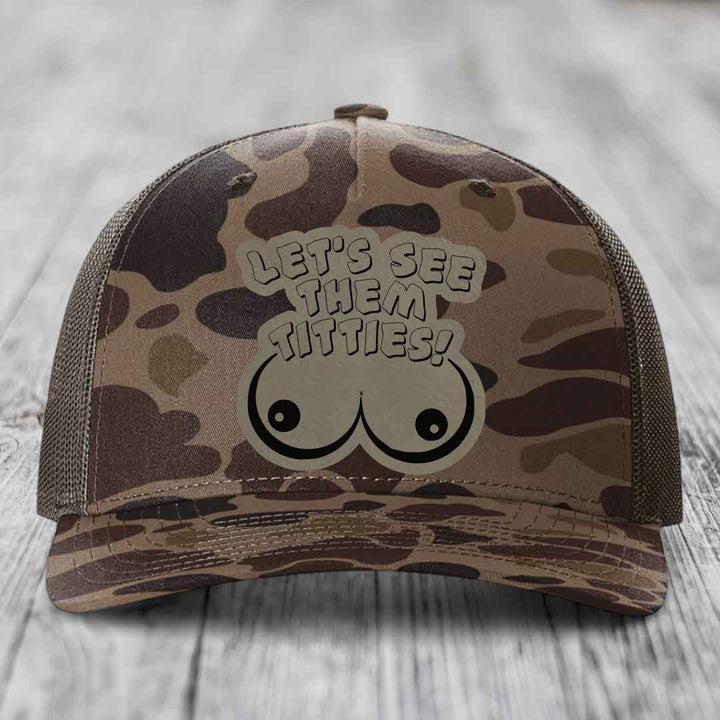 Lets See Them Titties - Leather Patch Hat - Light Brown to Black Patch - Richardson 112PFP Snapback Trucker Hat