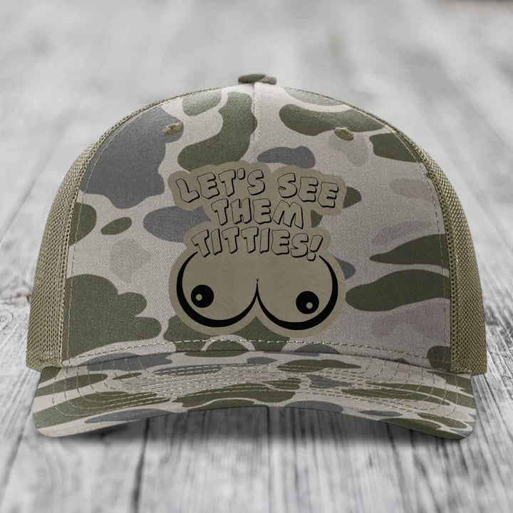 Lets See Them Titties - Leather Patch Hat - Light Brown to Black Patch - Richardson 112PFP Snapback Trucker Hat