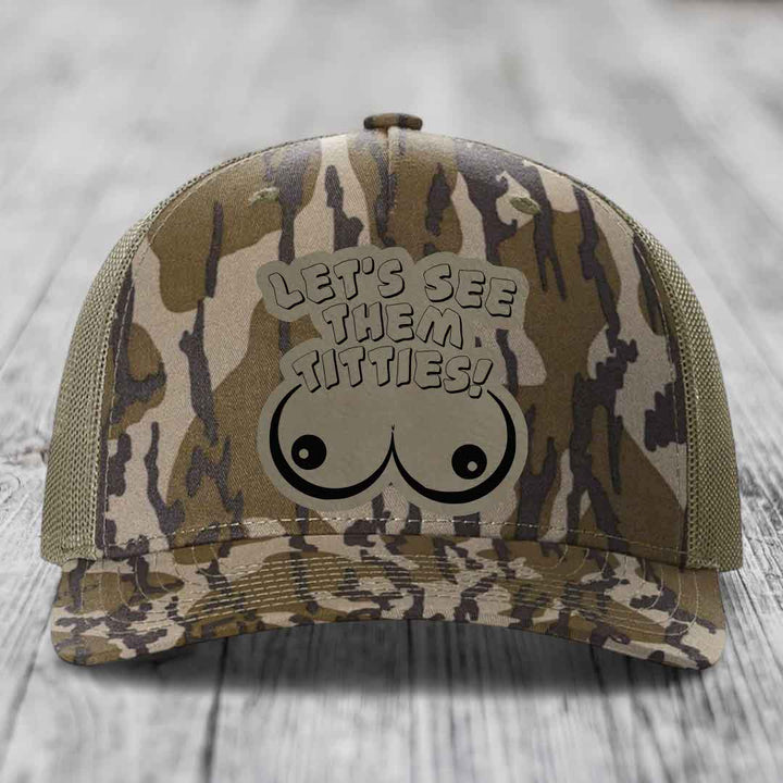 Lets See Them Titties - Leather Patch Hat - Light Brown to Black Patch - Richardson 112PFP Snapback Trucker Hat