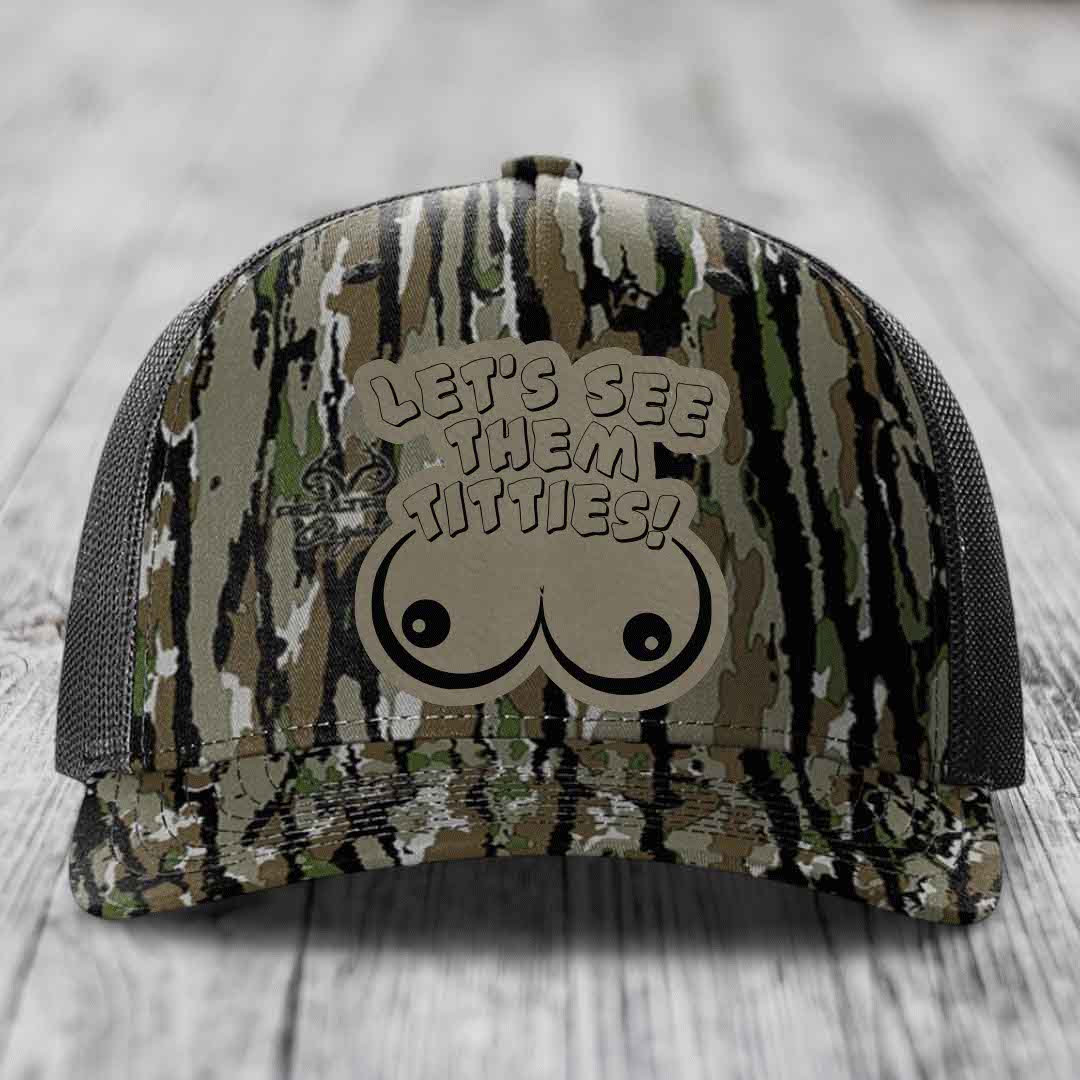 Lets See Them Titties - Leather Patch Hat - Light Brown to Black Patch - Richardson 112PFP Snapback Trucker Hat