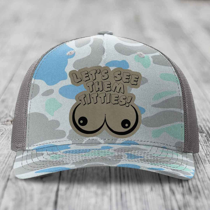 Lets See Them Titties - Leather Patch Hat - Light Brown to Black Patch - Richardson 112PFP Snapback Trucker Hat