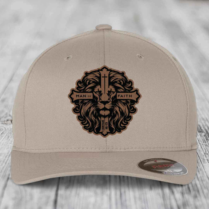 Man of Faith - Leather Patch Hat - Dark Brown to Black Patch - Flexfit 6277 Fitted Hat