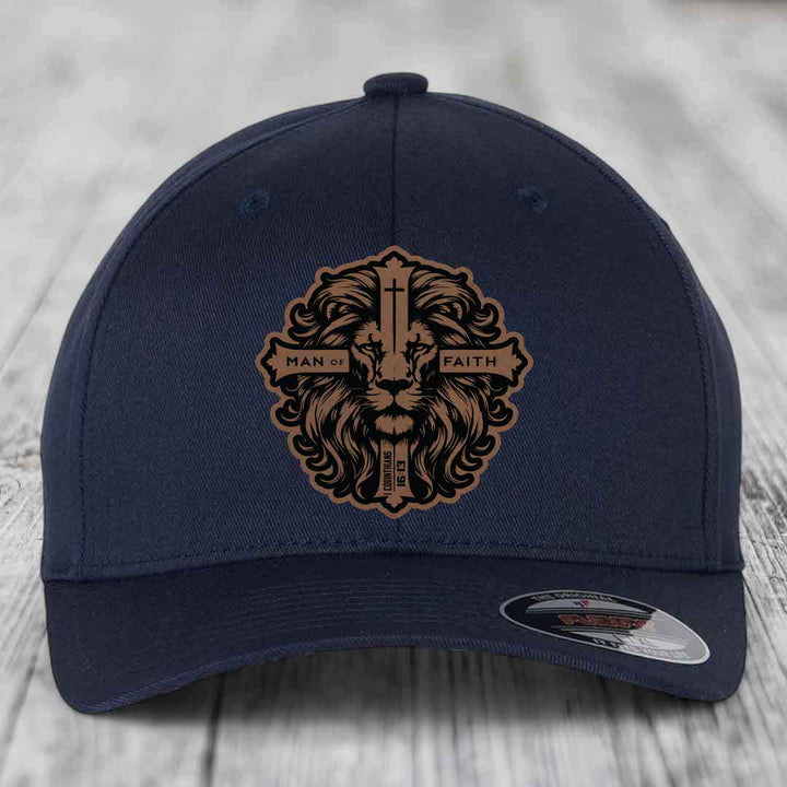 Man of Faith - Leather Patch Hat - Dark Brown to Black Patch - Flexfit 6277 Fitted Hat