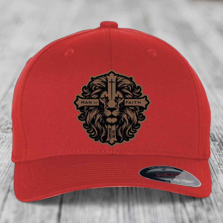 Man of Faith - Leather Patch Hat - Dark Brown to Black Patch - Flexfit 6277 Fitted Hat