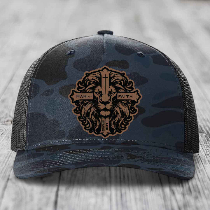 Man of Faith - Leather Patch Hat - Dark Brown to Black Patch - Richardson 112PFP Snapback Trucker Hat