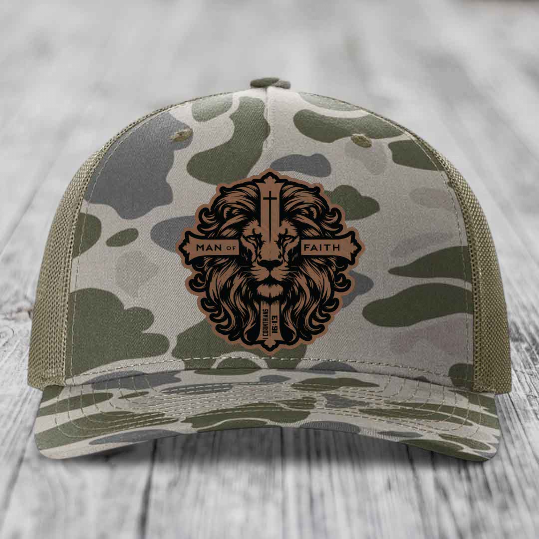 Man of Faith - Leather Patch Hat - Dark Brown to Black Patch - Richardson 112PFP Snapback Trucker Hat