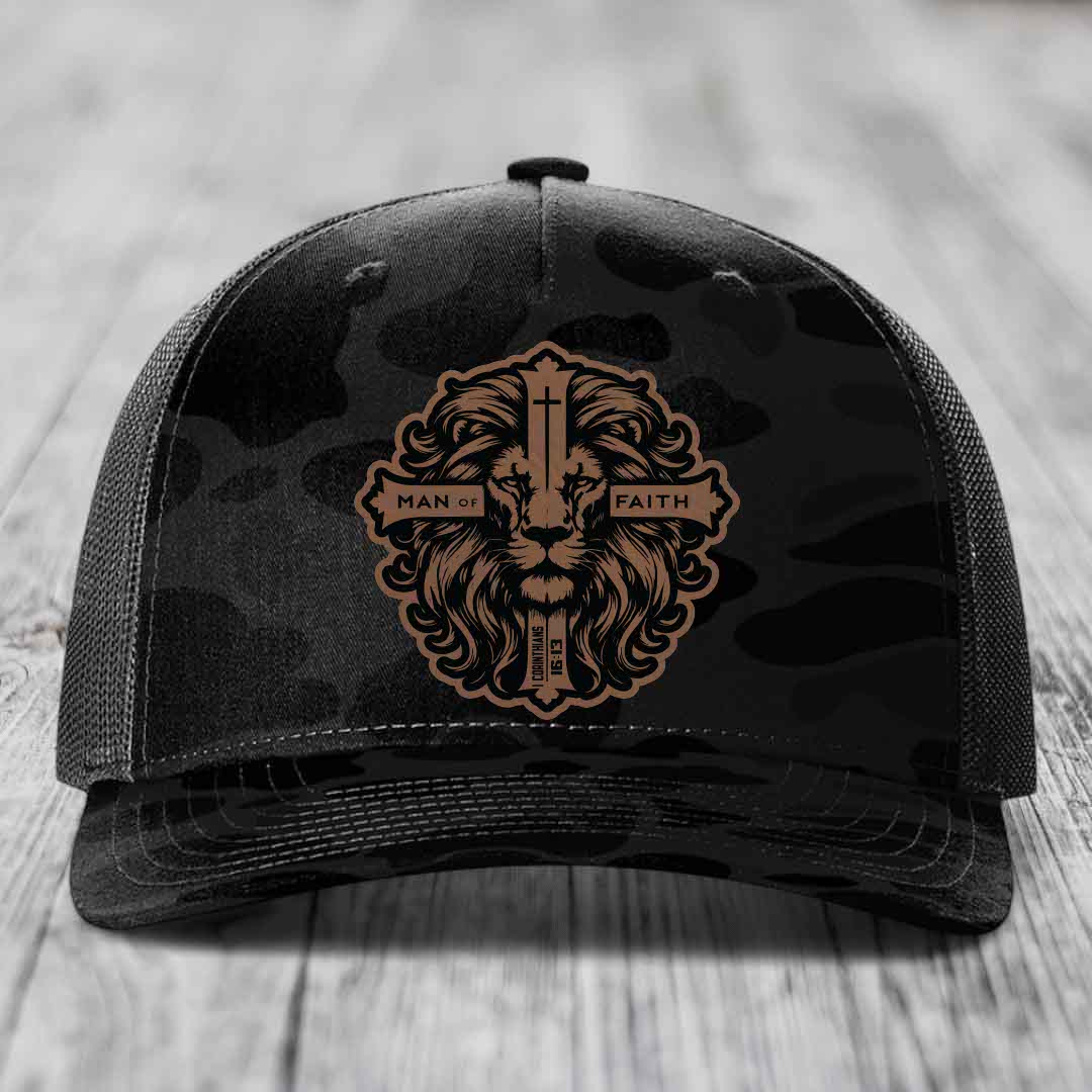 Man of Faith - Leather Patch Hat - Dark Brown to Black Patch - Richardson 112PFP Snapback Trucker Hat