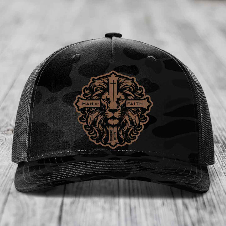 Man of Faith - Leather Patch Hat - Dark Brown to Black Patch - Richardson 112PFP Snapback Trucker Hat