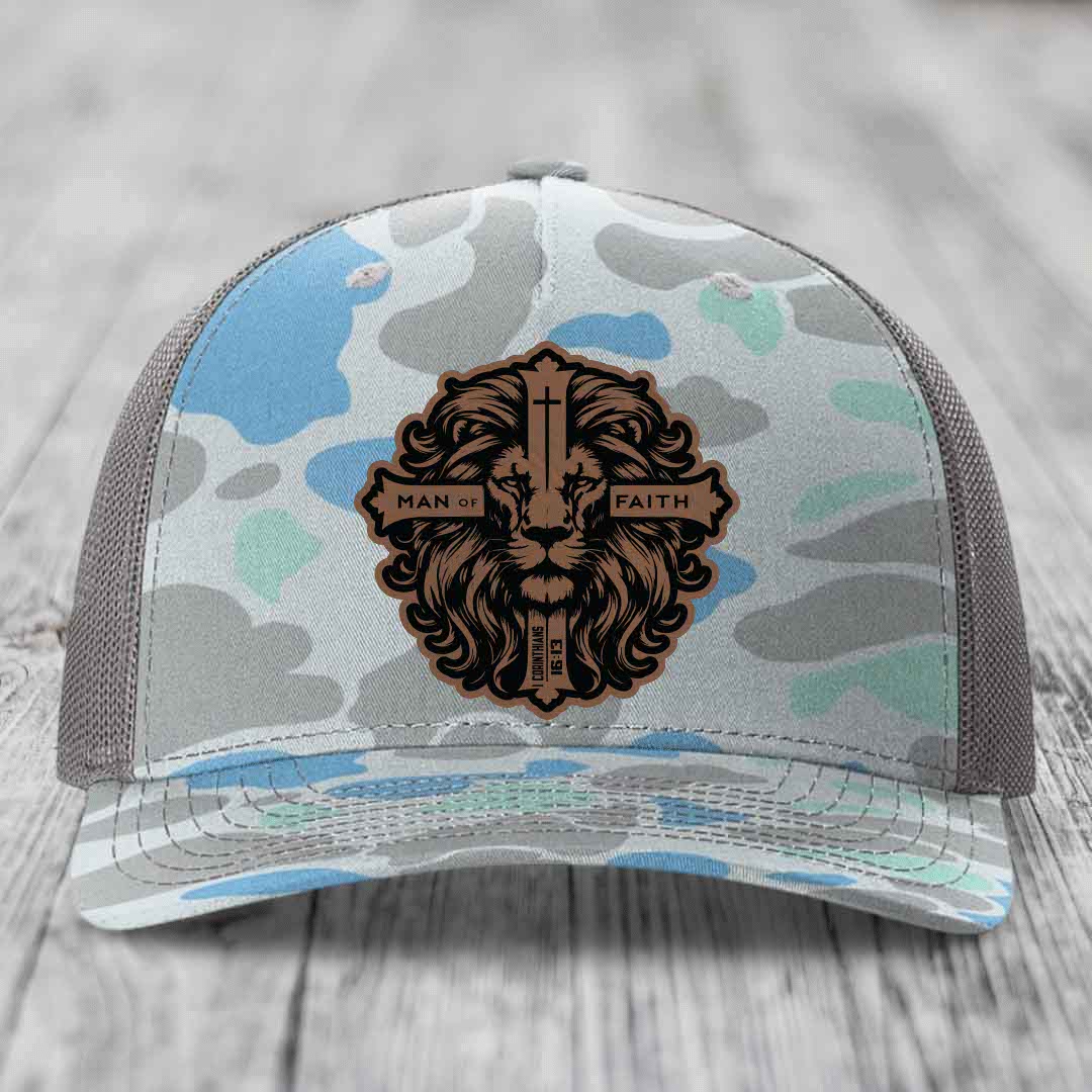 Man of Faith - Leather Patch Hat - Dark Brown to Black Patch - Richardson 112PFP Snapback Trucker Hat