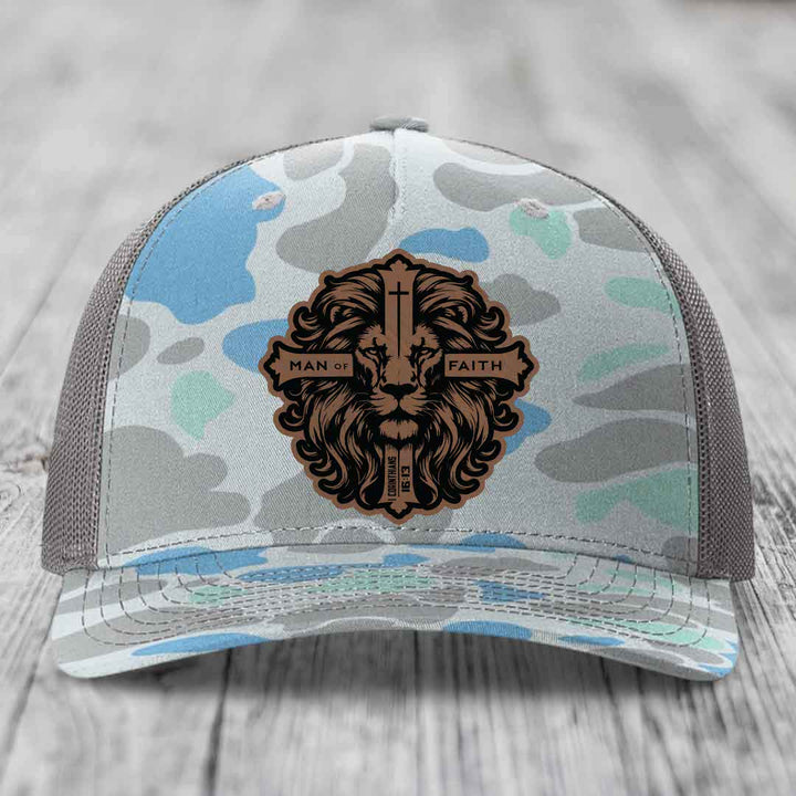 Man of Faith - Leather Patch Hat - Dark Brown to Black Patch - Richardson 112PFP Snapback Trucker Hat