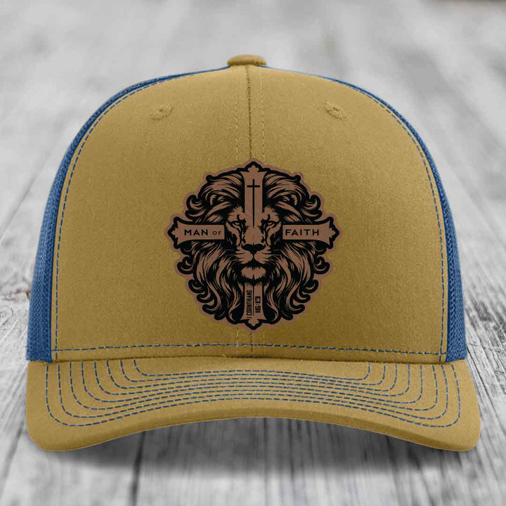 Man of Faith - Leather Patch Hat - Dark Brown to Black Patch - Richardson 112 Snapback Trucker Hat