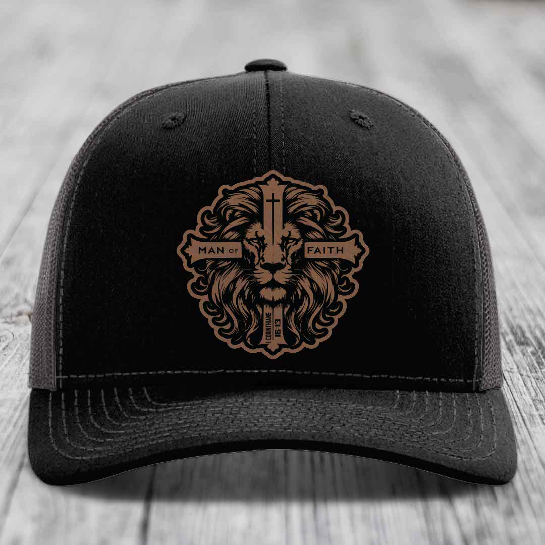Man of Faith - Leather Patch Hat - Dark Brown to Black Patch - Richardson 112 Snapback Trucker Hat