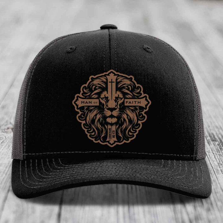 Man of Faith - Leather Patch Hat - Dark Brown to Black Patch - Richardson 112 Snapback Trucker Hat
