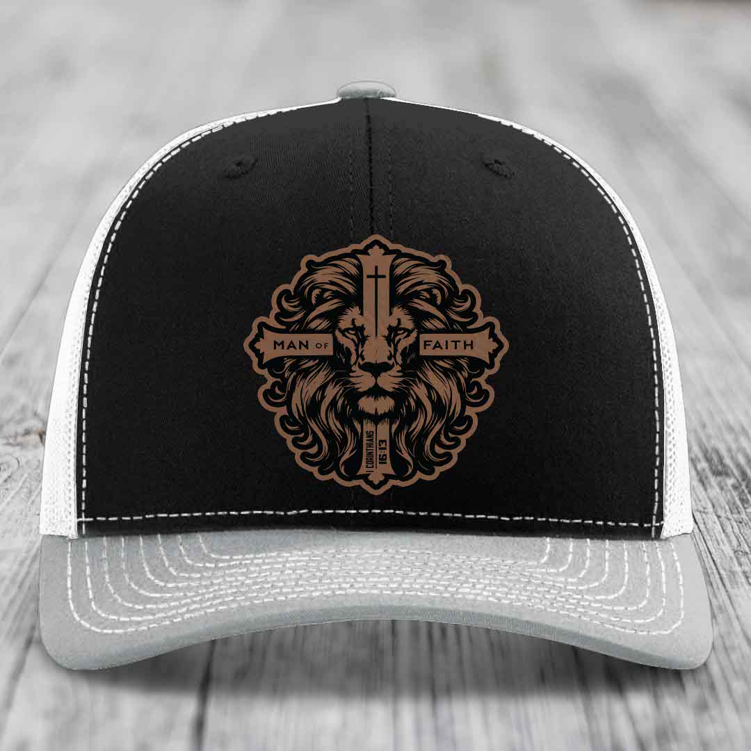 Man of Faith - Leather Patch Hat - Dark Brown to Black Patch - Richardson 112 Snapback Trucker Hat
